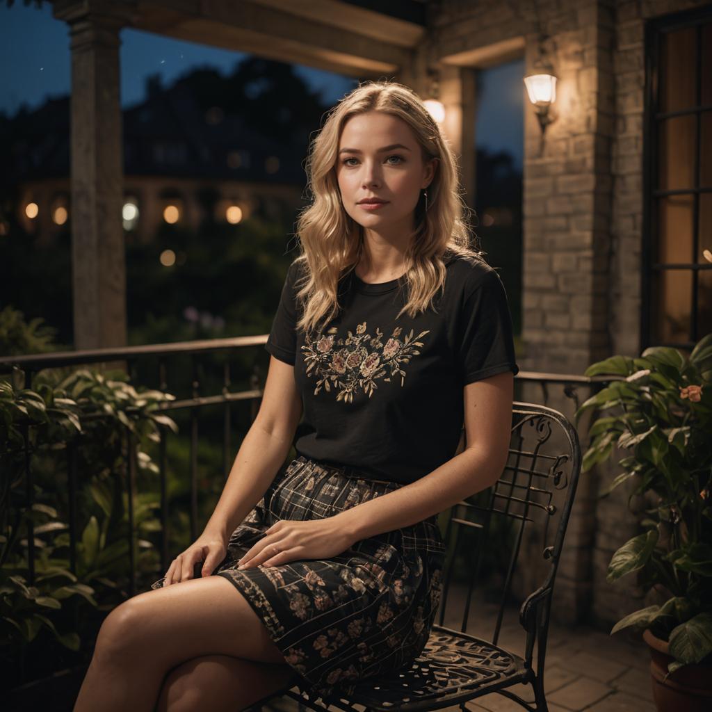 Blonde Woman Sitting on Patio with Floral Outfit at Dusk