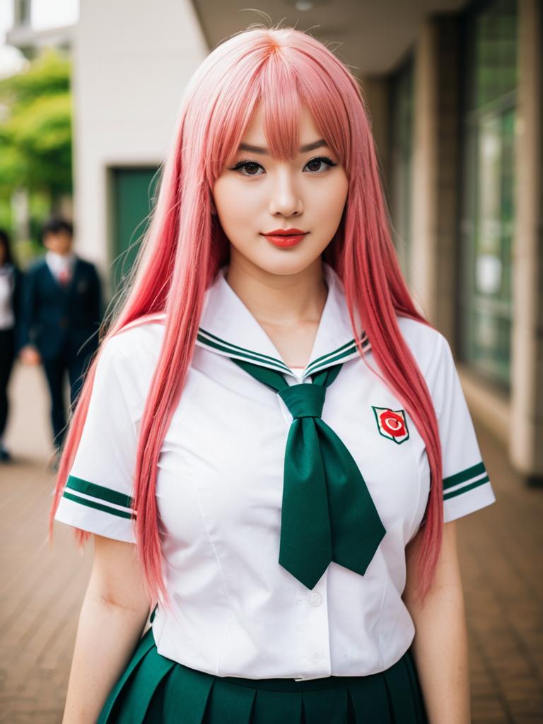 Akashiya Moka Inspired Cosplay Woman in Japanese School Uniform with Pink Hair