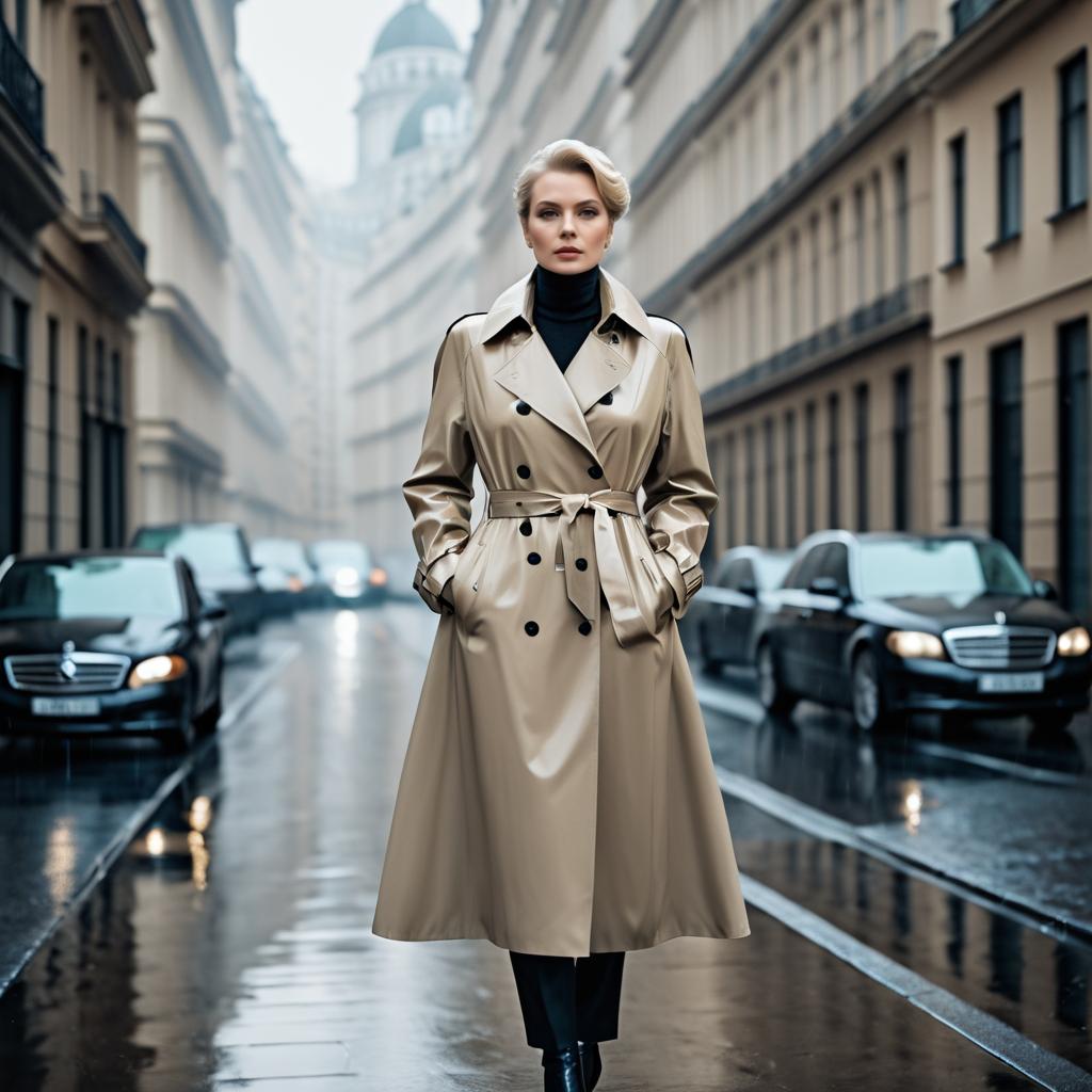 Stylish Woman in Trench Coat on Rainy Street