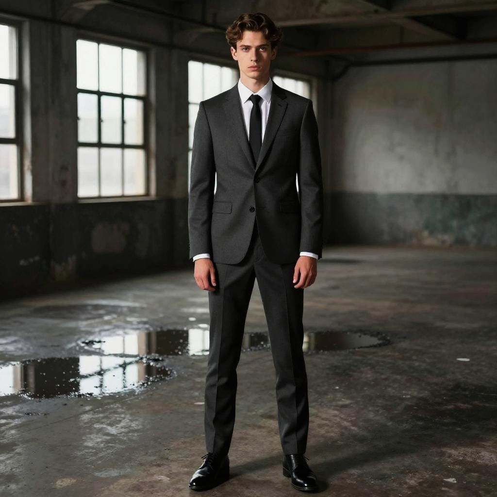 Young Man in Tailored Dark Gray Suit in Industrial Setting