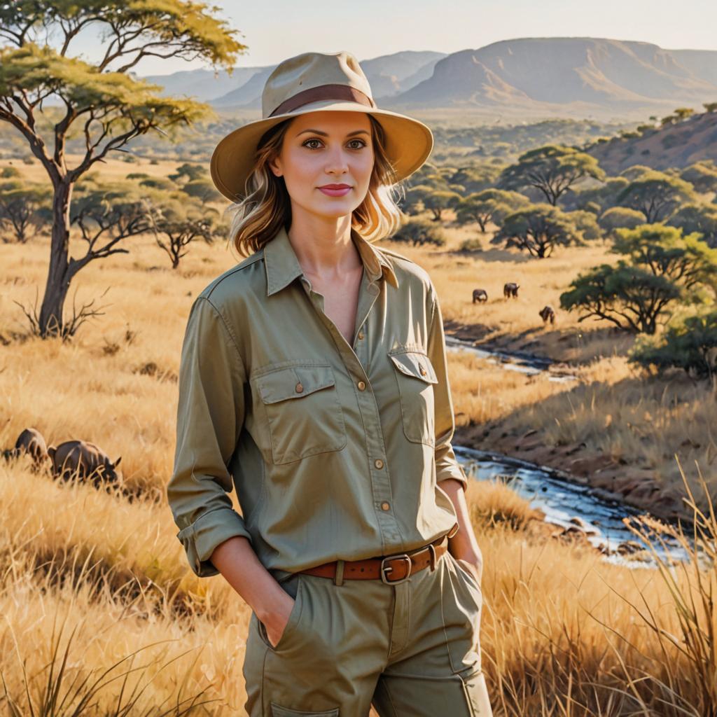 Woman in Safari Outfit in Vibrant Savannah