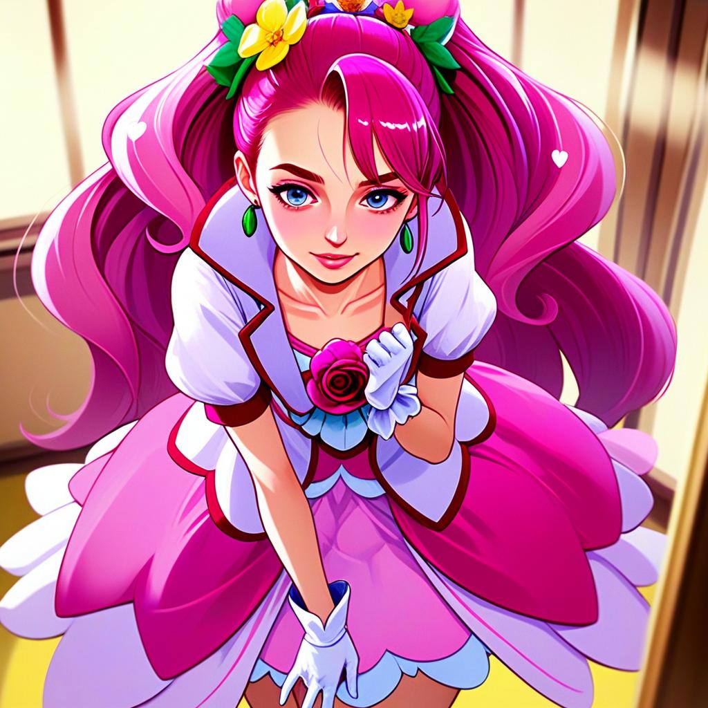 Cure Grace Anime Style Portrait with Pink Hair and Floral Accessories