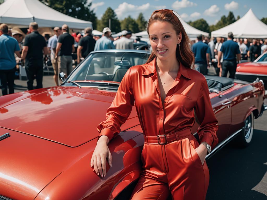 Woman in Red Jumpsuit Leaning on Vintage Car