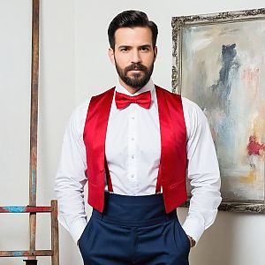 Confident Man in Formal Attire with Abstract Art