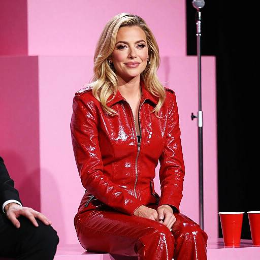 Woman in Shiny Red Leather Outfit Sitting on Stage with Pink Background