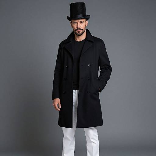 Stylish Man in Black Top Coat and Top Hat Fashion Portrait