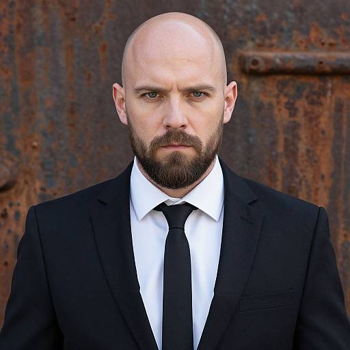 Serious Bald Man in Black Suit with Beard Against Rusty Metal Background