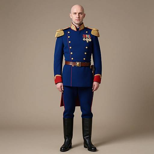 Man in Formal Military Uniform with Medals and Epaulettes