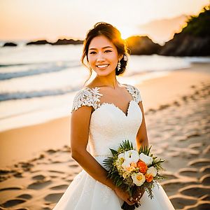Joyful bride on beach at sunset