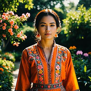 Woman in Orange Garment in Lush Garden