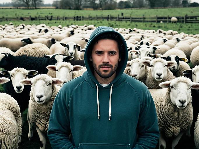 Man in Hoodie Standing with Sheep Herd in Rural Field