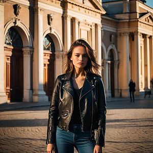 Young Woman Wearing Black Leather Jacket in Front of Historic Building
