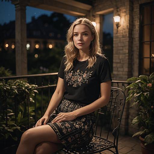 Blonde Woman Sitting on Patio with Floral Outfit at Dusk