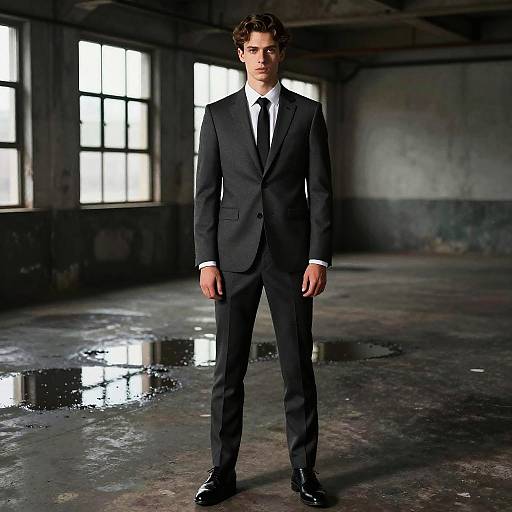 Young Man in Tailored Dark Gray Suit in Industrial Setting
