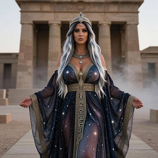Ancient Egyptian Goddess Woman in Starry Gown at Temple