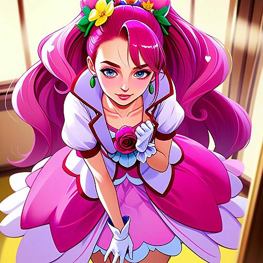 Cure Grace Anime Style Portrait with Pink Hair and Floral Accessories