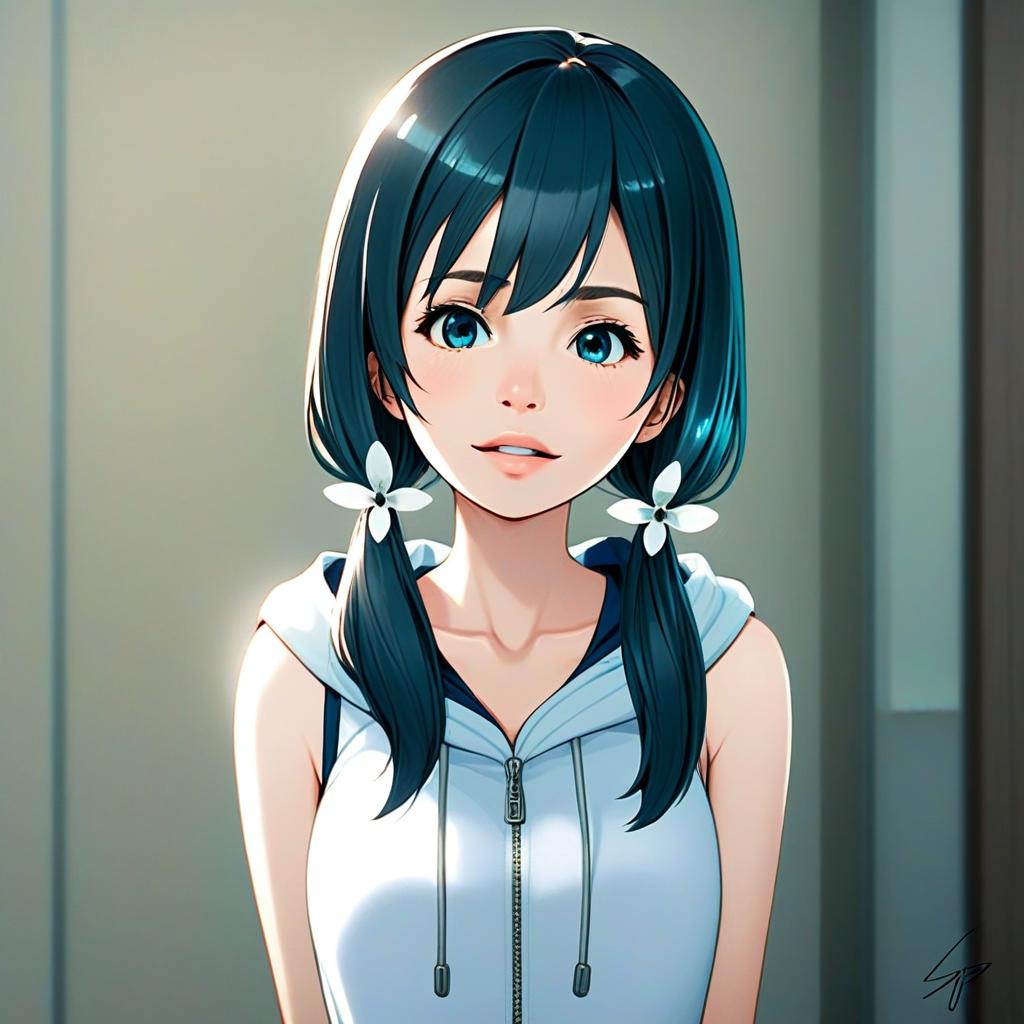 Amano Hina Inspired Anime Girl with Teal Hair and White Flower Pigtails