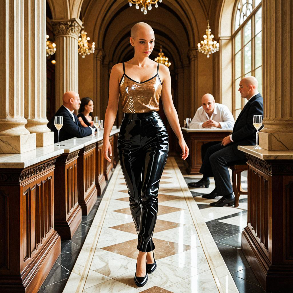 Confident Bald Woman in Elegant Hallway Confident Bald Woman in Elegant Hallway
