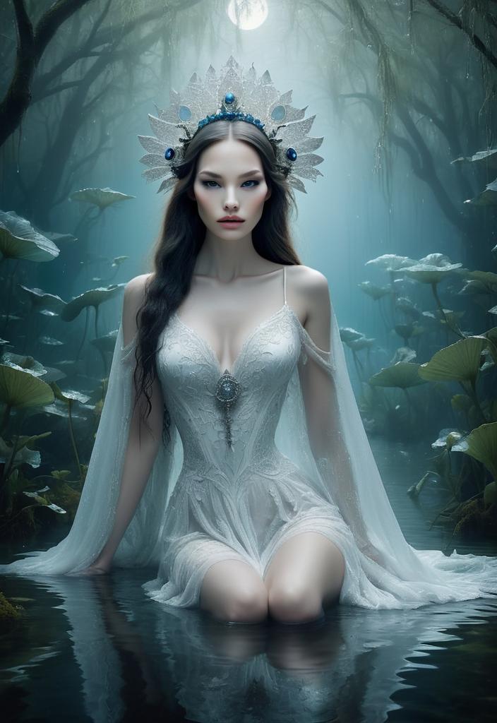Mystical Woman in White Lace Gown by Moonlit Pond Mystical Woman in White Lace Gown by Moonlit Pond