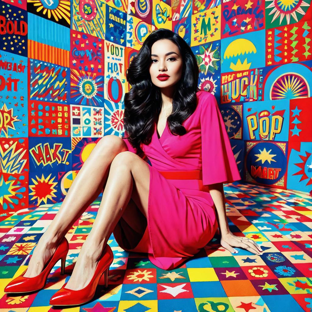 Stylish Woman in Pink Dress with Colorful Pop Art Background