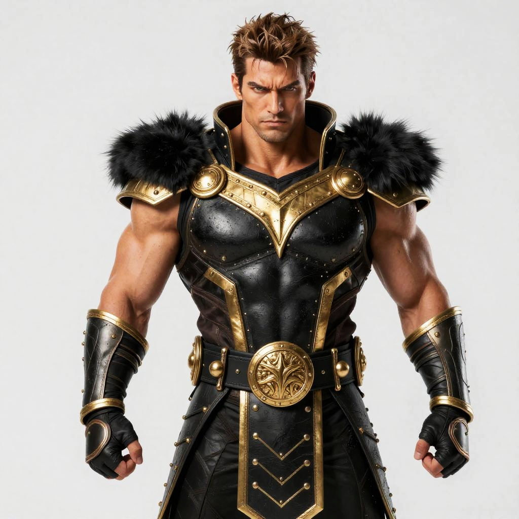 Muscular Man in Black and Gold Fantasy Warrior Armor
