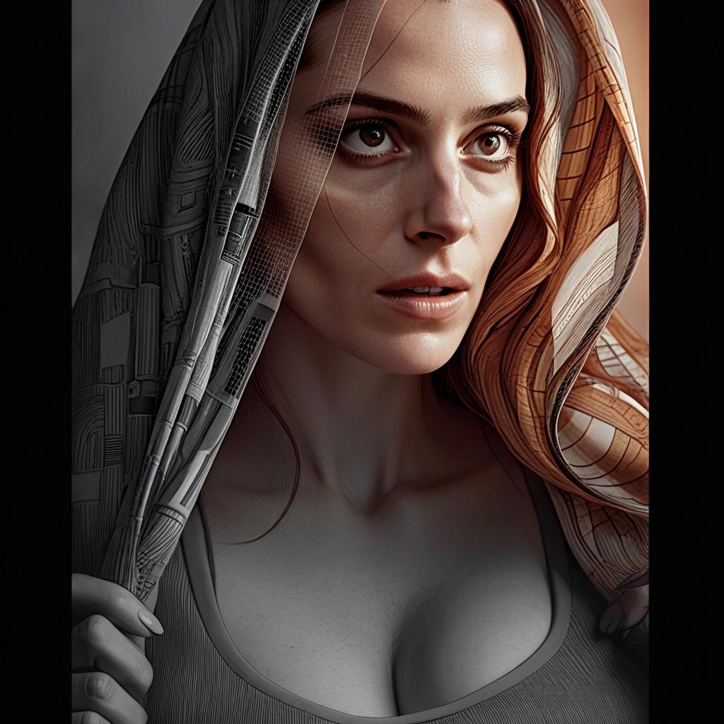 Realistic Portrait of Woman with Abstract Patterned Veil