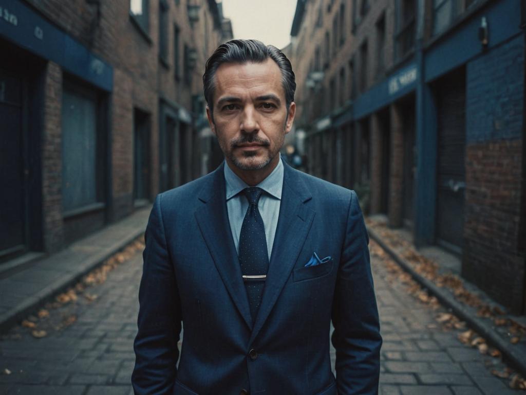 Poised Man in Formal Attire Against Urban Backdrop