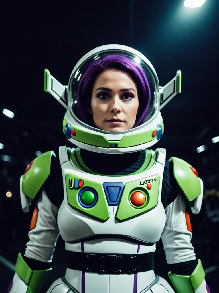 Woman in Buzz Lightyear Costume Cinematic Realism Dramatic Cosplay