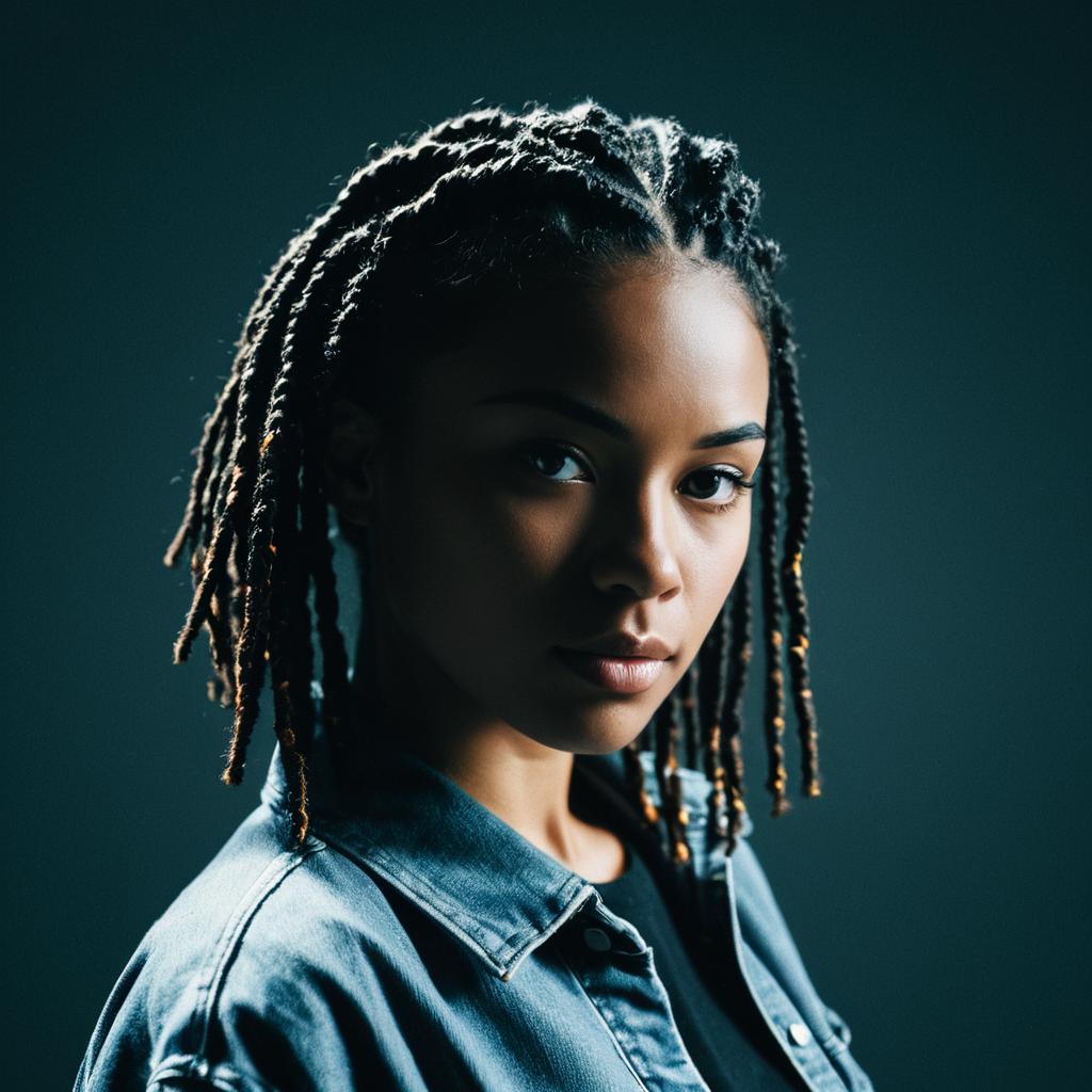 Portrait of Young Woman with Braided Hair in Denim Jacket on Dark Background