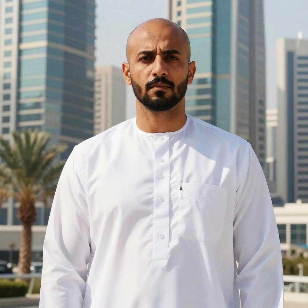 Middle Eastern Man Wearing Traditional Kandura in Urban Cityscape