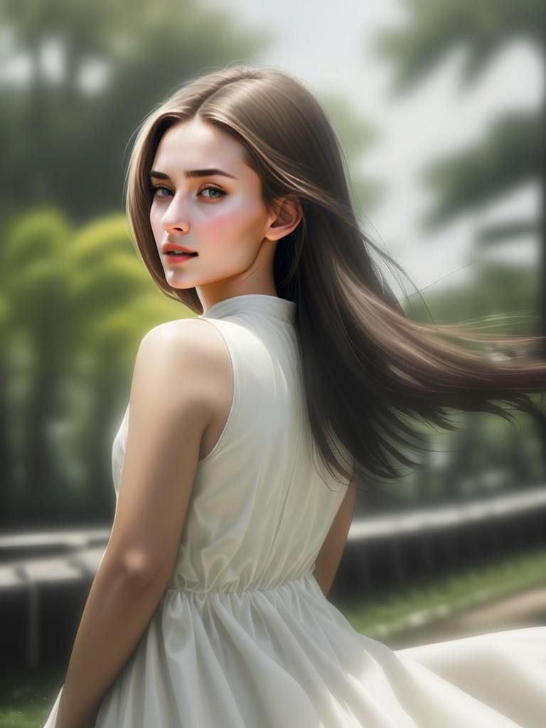 Elegant Woman in White Dress with Flowing Hair Outdoors