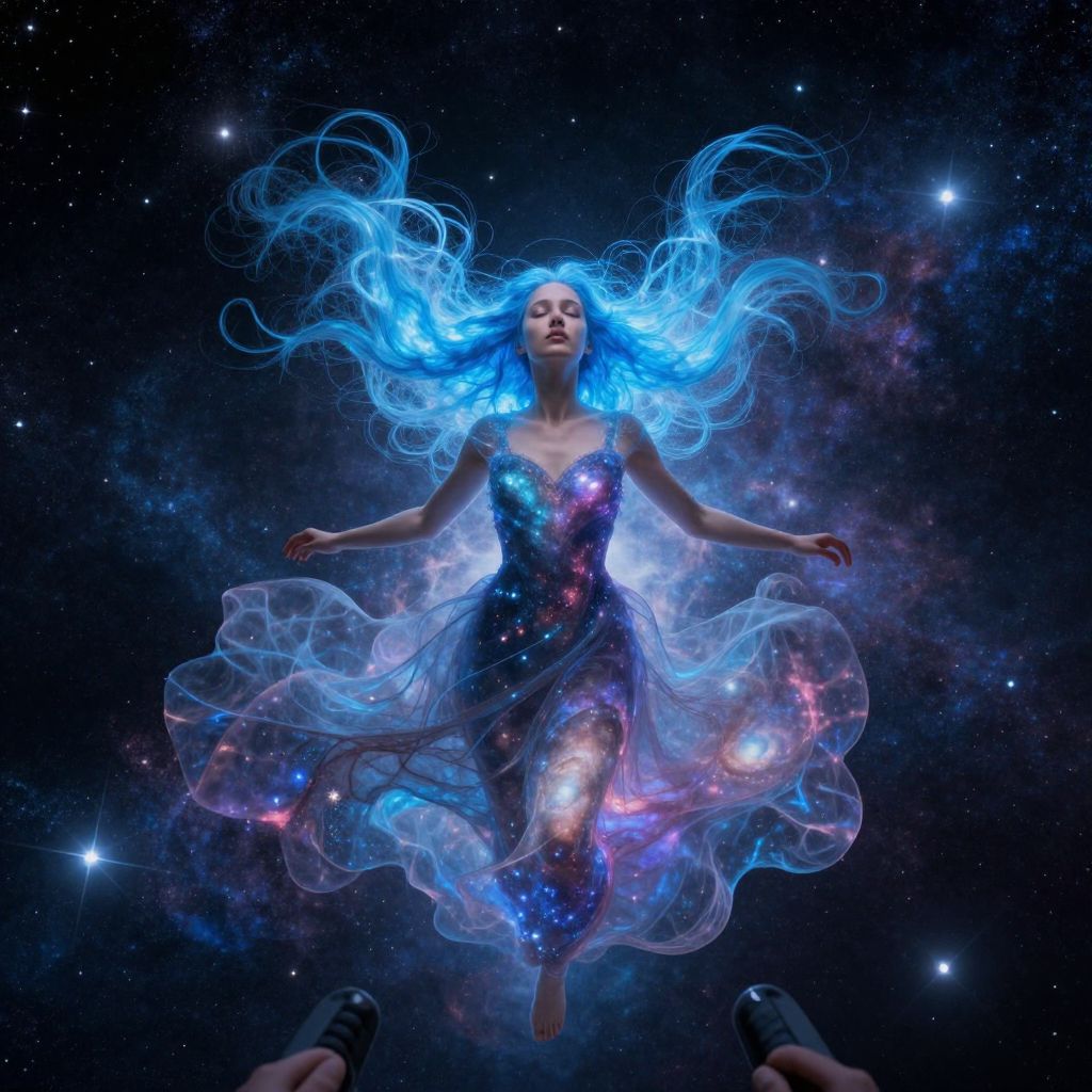 Cosmic Woman Floating in Starry Galaxy with Blue Hair