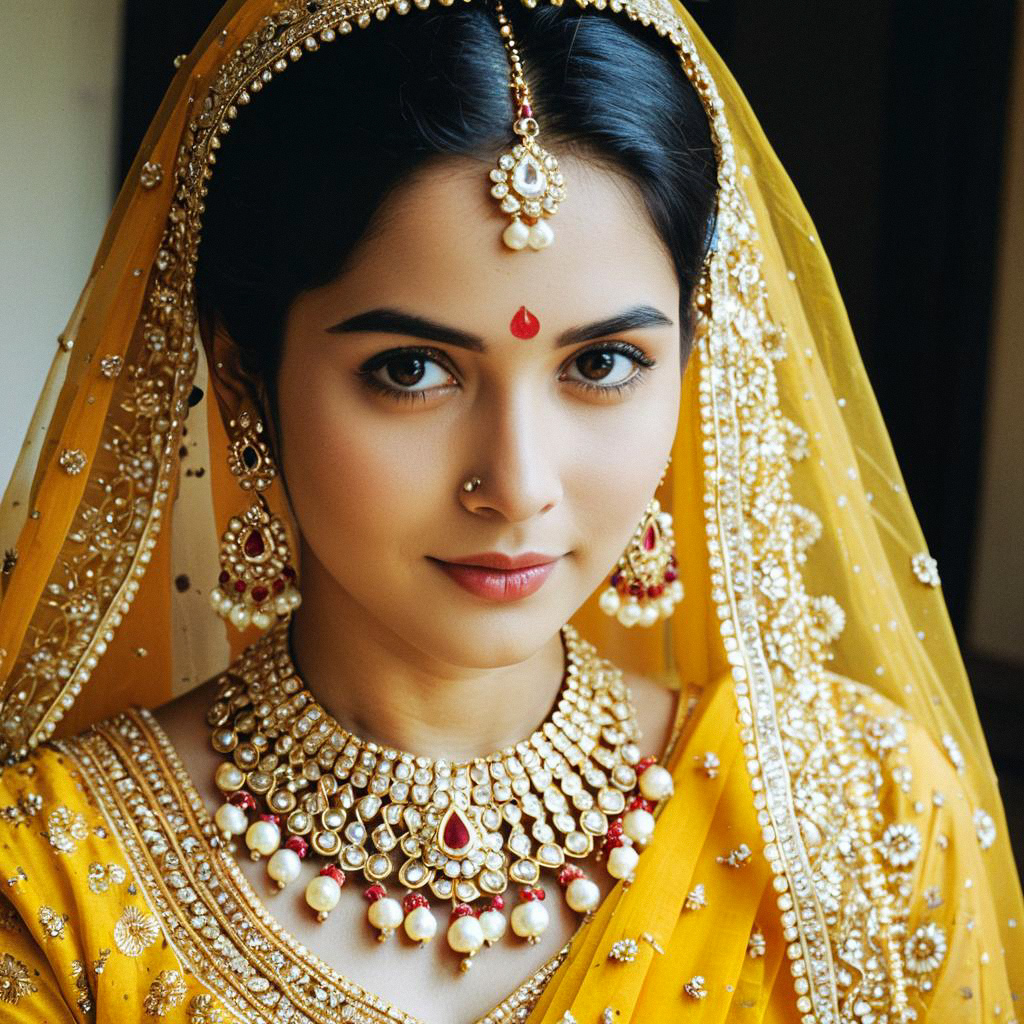 Woman in Yellow Indian Wedding Outfit with Jewelry
