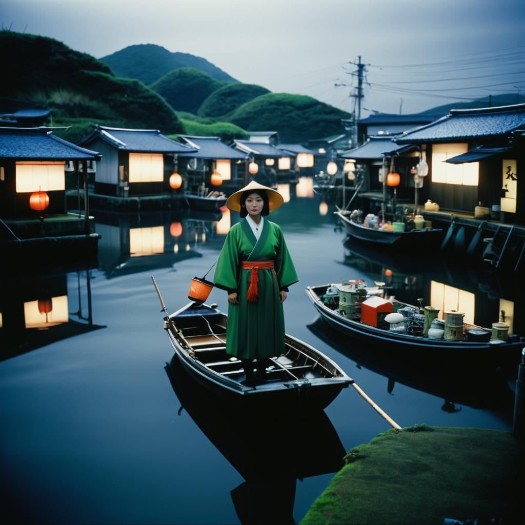 Woman in Green Kimono on Tranquil Waters