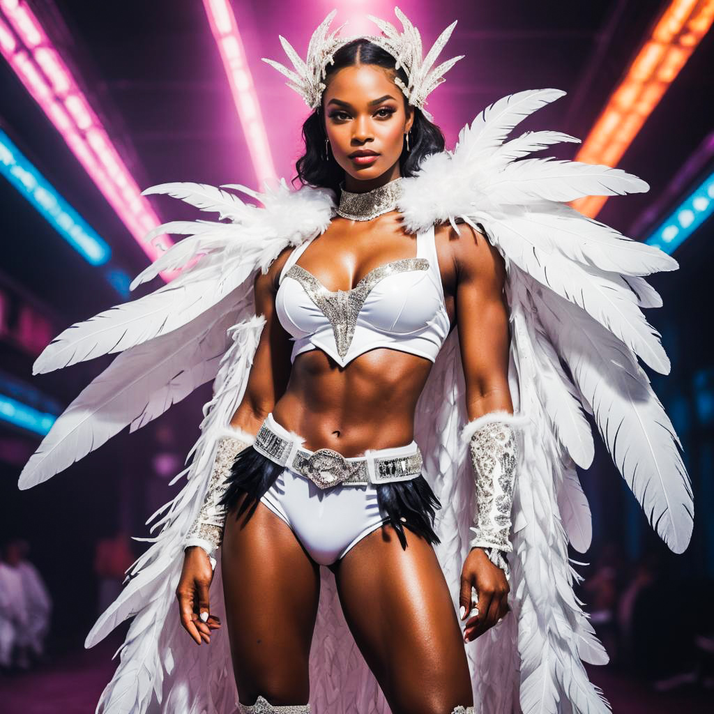 Confident Woman in Feathered Costume with Neon Lights