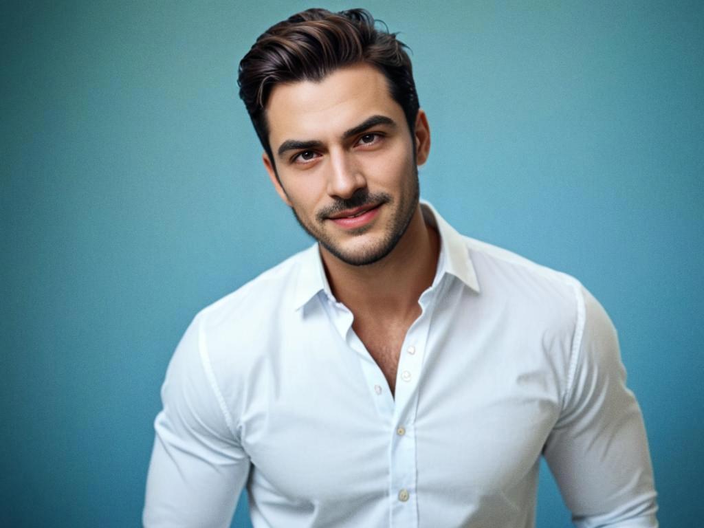 Confident Young Man in White Shirt Against Blue Backdrop