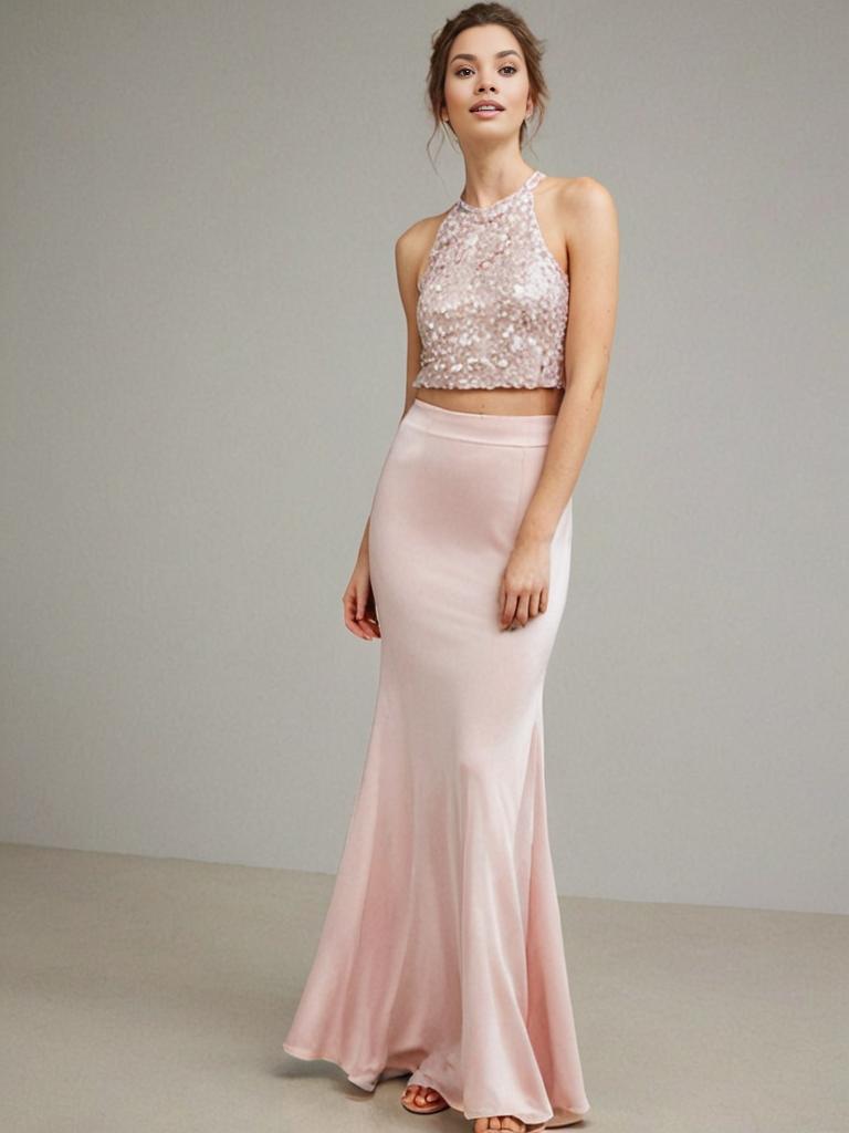 Elegant woman in pink skirt and sequined crop top