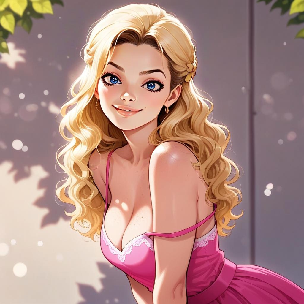 Blonde Woman in Pink Dress Digital Illustration Semi-Realistic Anime Style