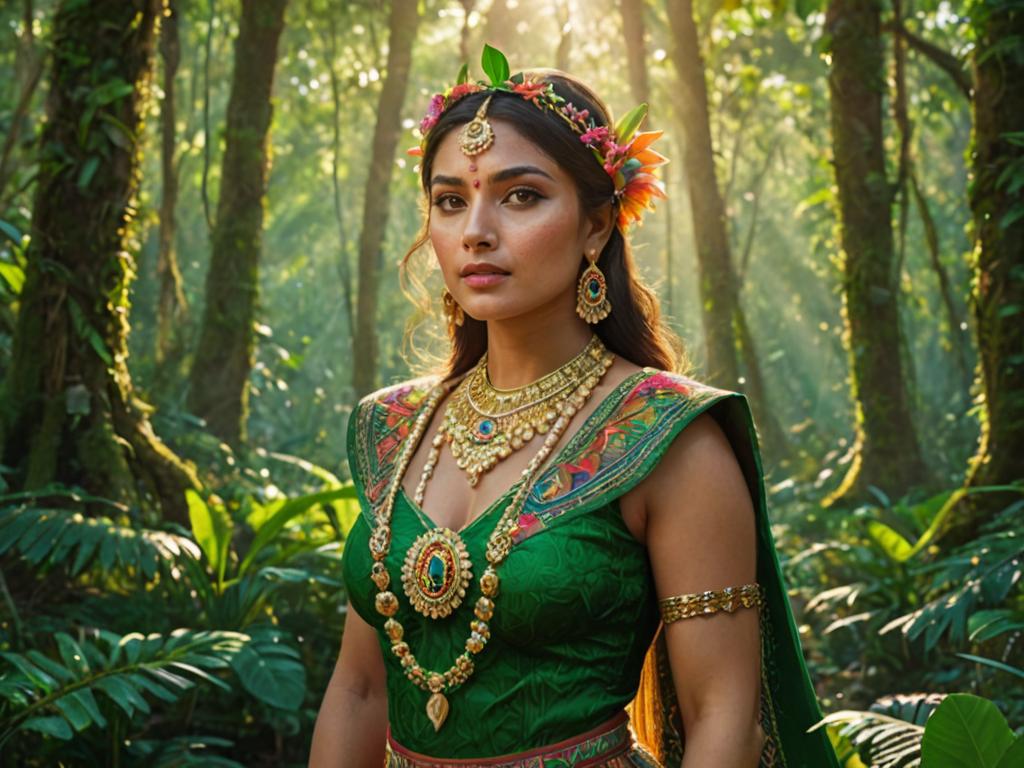 Indigenous Woman in Traditional Attire in Forest