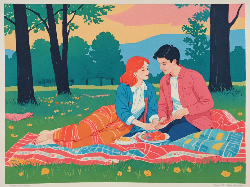 Serene Picnic in Lush Meadow - Vintage Style