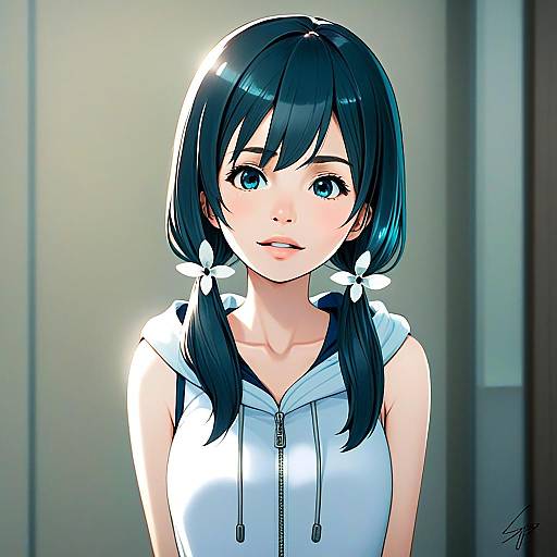 Amano Hina Inspired Anime Girl with Teal Hair and White Flower Pigtails