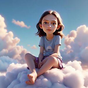 Young Girl on Cloud in Dreamy Sky