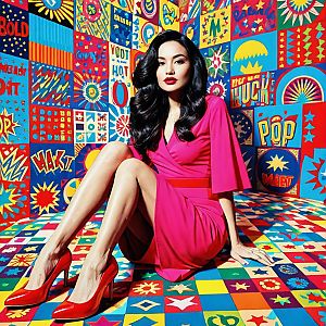 Stylish Woman in Pink Dress with Colorful Pop Art Background