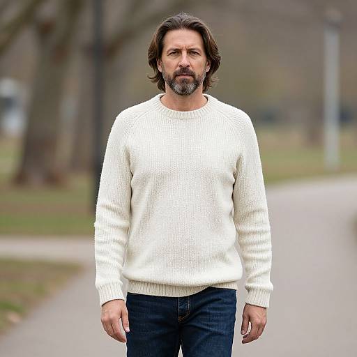 Man Walking Outdoors in White Sweater and Jeans
