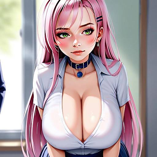 Akashiya Moka Anime Style Portrait with Pink Hair and Green Eyes