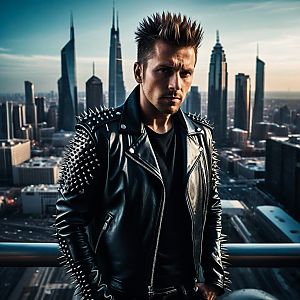 Punk Man in Leather Jacket Against City Skyline