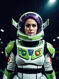 Woman in Buzz Lightyear Costume Cinematic Realism Dramatic Cosplay