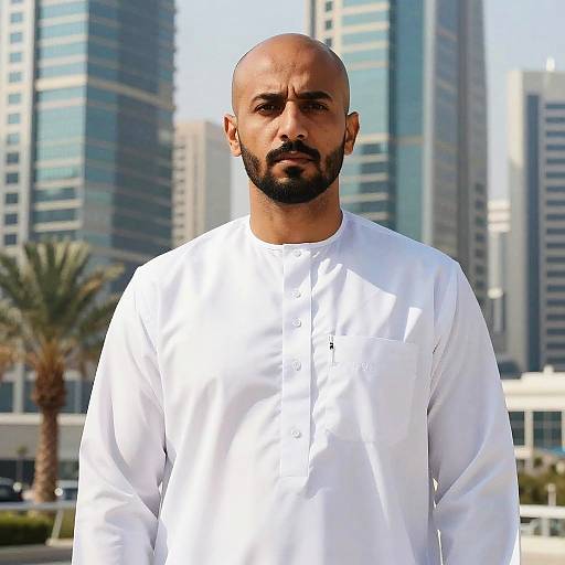 Middle Eastern Man Wearing Traditional Kandura in Urban Cityscape