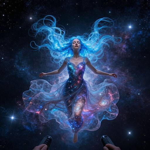 Cosmic Woman Floating in Starry Galaxy with Blue Hair
