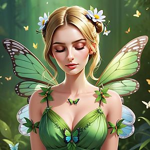 Serene Woman with Butterfly Wings and Floral Accents